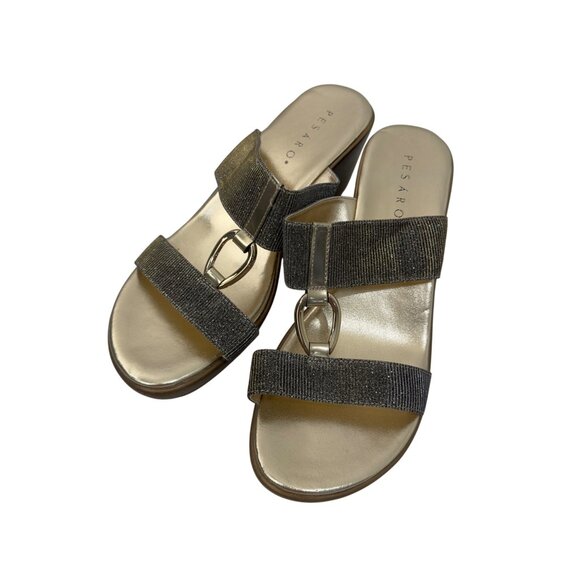 Pesaro Women Gold Wedge Sandals Double Sparkly Strap Design Ring Accent Size 11 - Picture 3 of 15